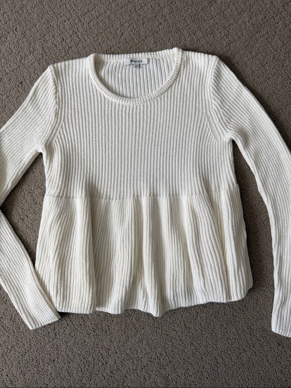 Madewell Cream Ribbed Peplum Crewneck Sweater